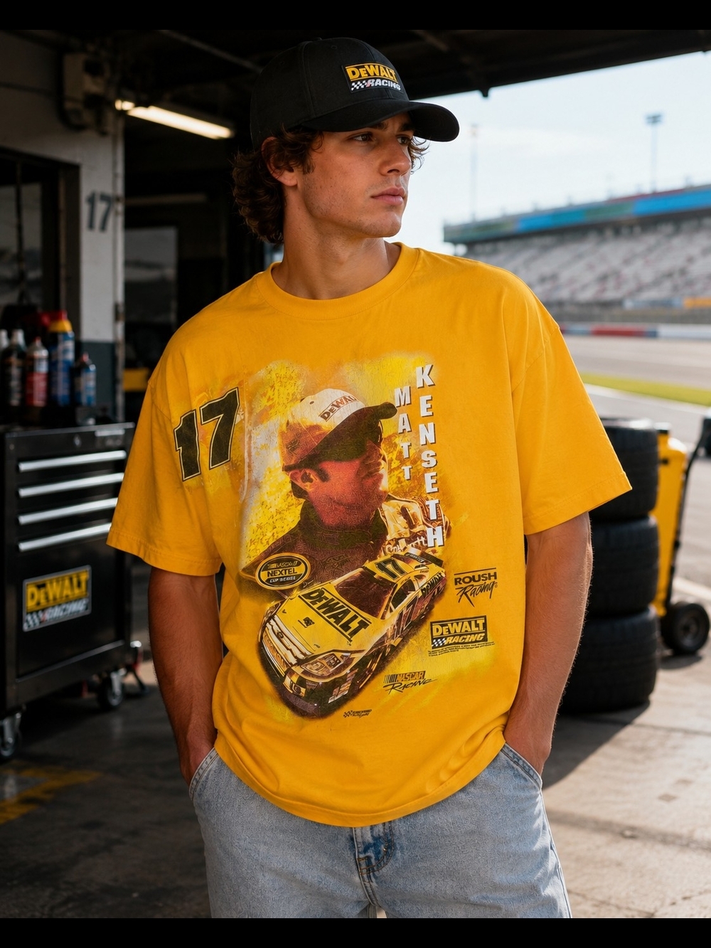 Vintage Y2K NASCAR Matt Kenseth #17 DeWalt Roush Racing Tee L Yellow